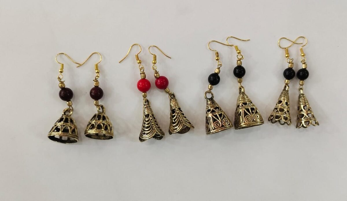 Handcrafted Dokra Brass Jhumka Earrings – Set of 5 Pairs (Multicolor Beads) - Image 1