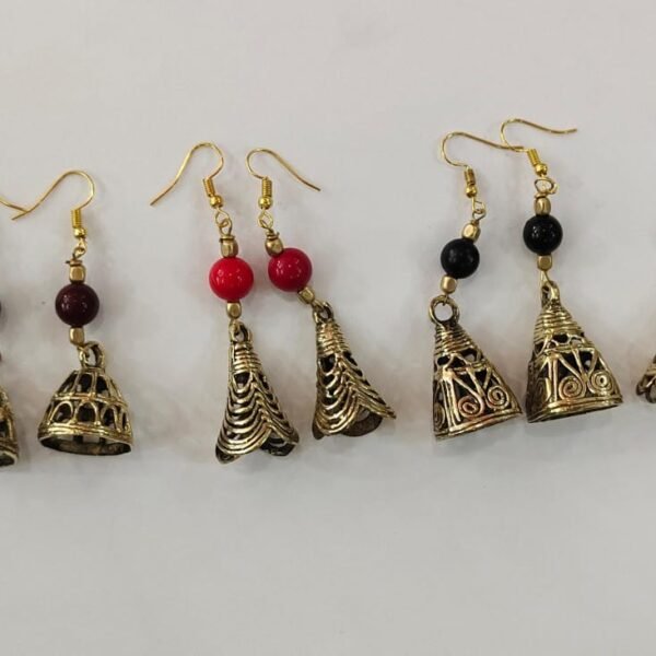 Handcrafted Dokra Brass Jhumka Earrings – Set of 5 Pairs (Multicolor Beads)