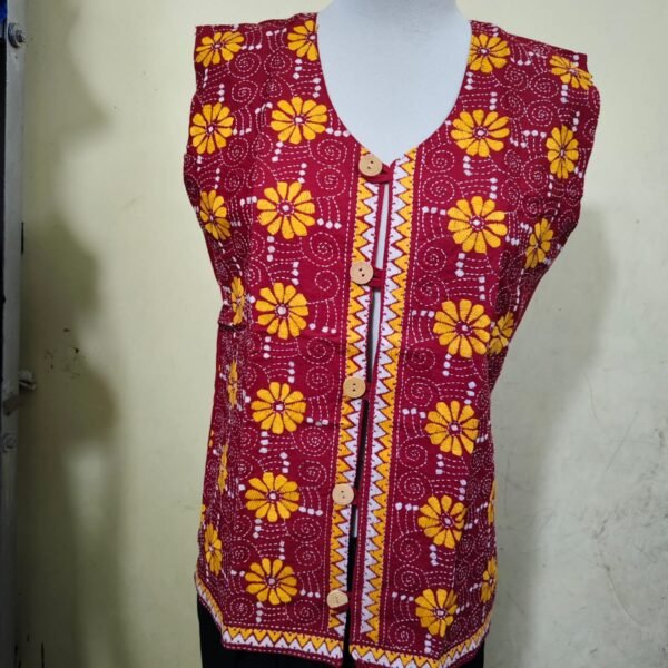 Handcrafted Maroon Kantha Stitch Jacket For Women and Men