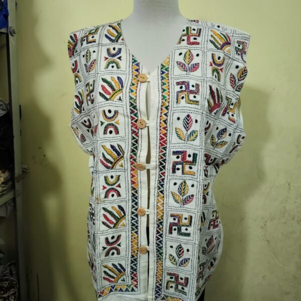 Handcrafted White Kantha Stitch Jacket For Women and Men