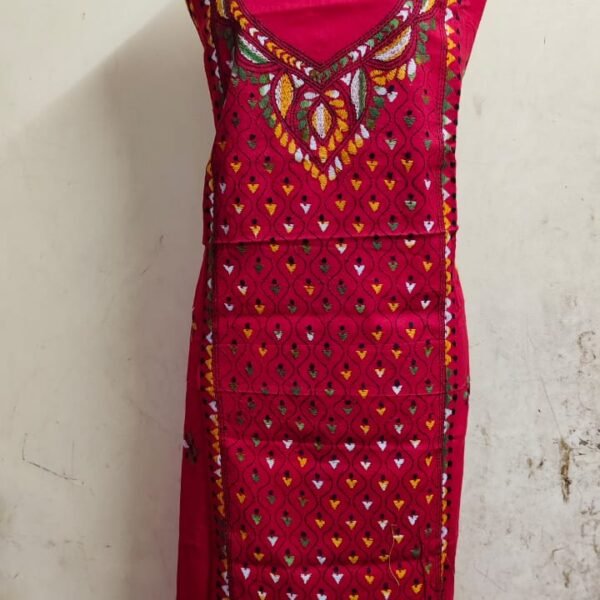 Red Cotton Kantha Stitch Long Kurti Material