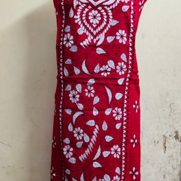 Cotton Kantha Stitch Red Long Kurti Material white thread