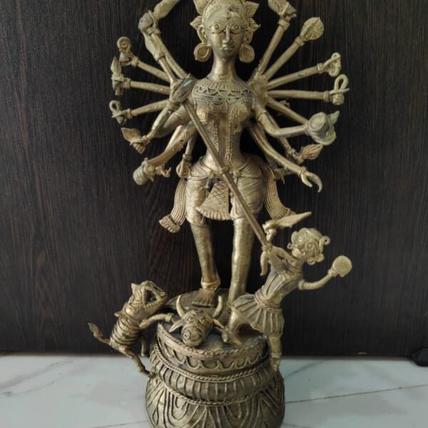 Handcrafted Dokra Durga Idol – Mahishasura Mardini in Traditional Brass Art