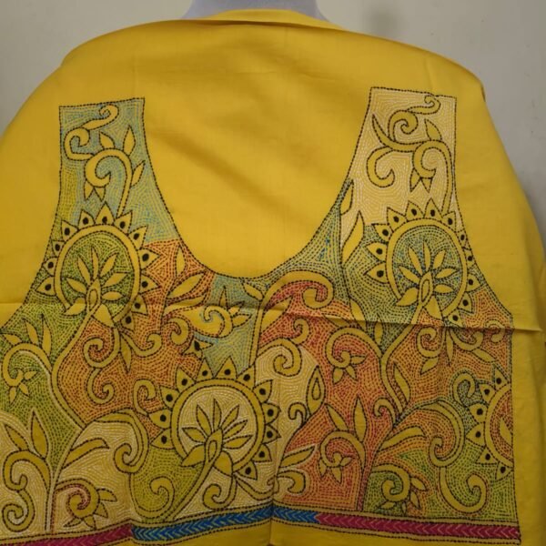 Yellow Cotton Blouse Material with Intricate Multicolor Thread Embroidery