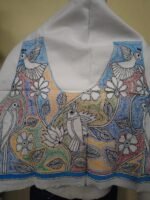 Handmade white cotton blouse material with multi-colored bird and flower kantha embroidery - Image 5