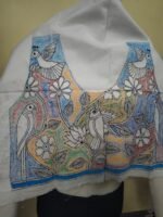 Handmade white cotton blouse material with multi-colored bird and flower kantha embroidery - Image 4