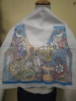 Handmade white cotton blouse material with multi-colored bird and flower kantha embroidery