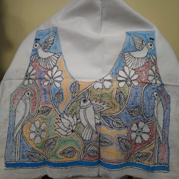 Handmade white cotton blouse material with multi-colored bird and flower kantha embroidery