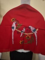 🦜Red Cotton Blouse Material with Hand Embroidered Parrot & Floral Design