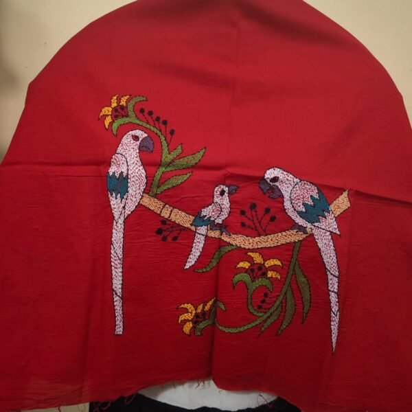 🦜Red Cotton Blouse Material with Hand Embroidered Parrot & Floral Design