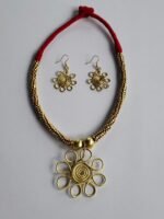 Handcrafted Dokra Brass Floral Pendant Necklace Set - Image 5