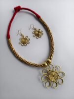 Handcrafted Dokra Brass Floral Pendant Necklace Set - Image 4