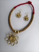 Handcrafted Dokra Brass Floral Pendant Necklace Set - Image 3