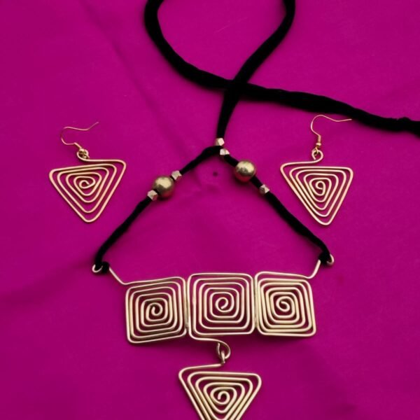 Handcrafted Brass Spiral Necklace & Earrings Set Adjustable Thread