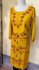 Yellow Kantha Stitch Long Kurti for ladies Flower design - Image 3
