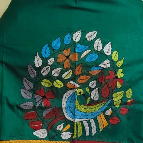 Silk Kantha Blouse Piece – Peacock & Leaf Motif Design
