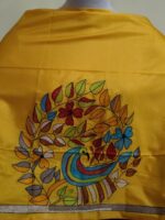 Yellow Silk Kantha Blouse Piece – Peacock & Leaf Motif Design - Image 4