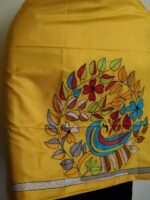 Yellow Silk Kantha Blouse Piece – Peacock & Leaf Motif Design - Image 5