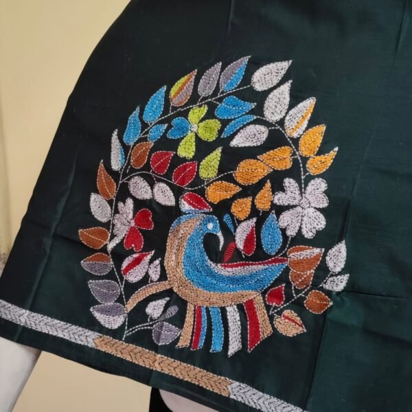 Silk Kantha Stitch Blouse Piece – Peacock & Leaf Design