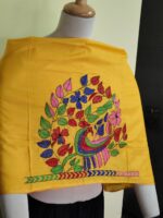 Silk Kantha Blouse Piece – Peacock & Leaf Motif Design Yellow