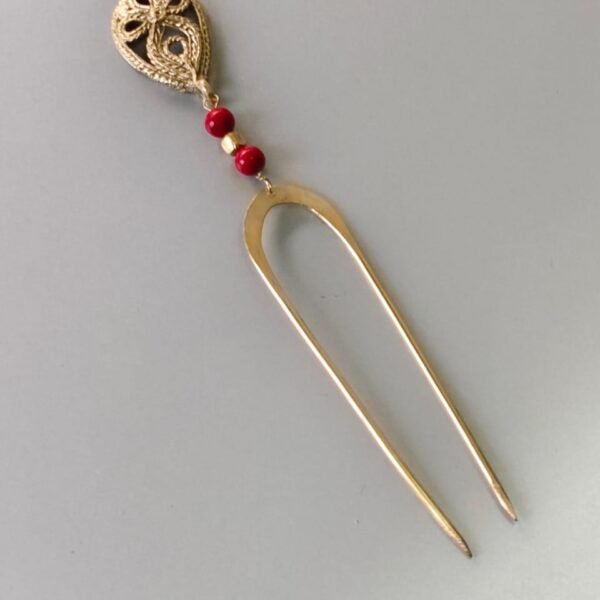 Antique Style Brass Hair Pin (Handcrafted Red Beads)