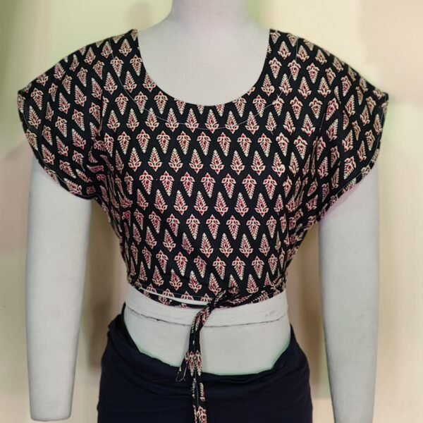 Handcrafted Cotton Printed Blouse Adjustable – Black Ethnic Design