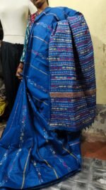 Bengal Kantha Stitch Khadi Cotton Saree – Blue - Image 6