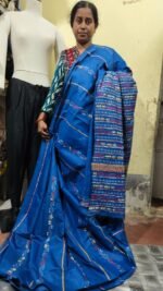 Bengal Kantha Stitch Khadi Cotton Saree – Blue - Image 5