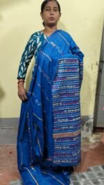 Bengal Kantha Stitch Khadi Cotton Saree – Blue - Image 3