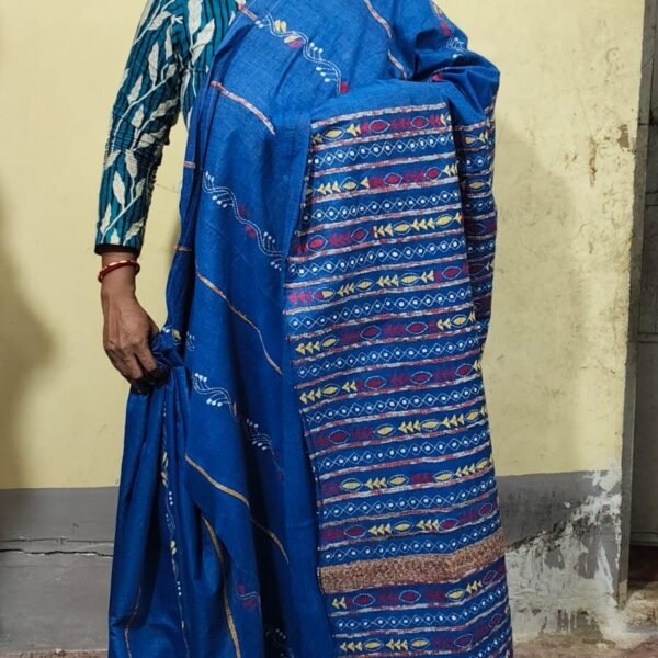 Bengal Kantha Stitch Khadi Cotton Saree – Blue