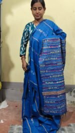 Bengal Kantha Stitch Khadi Cotton Saree – Blue - Image 2