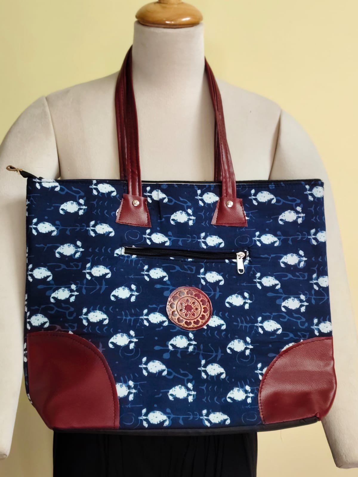 WhatsApp Image 2025-08-25 at 18.11.43_5e04144f Handmade Ajrakh-style paisley tote bag - Base Navy blue - Image 1