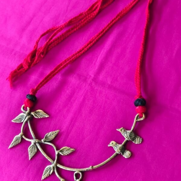 Handcrafted Dokra Bird-on-Branch Brass Necklace - Adjustable Red thread