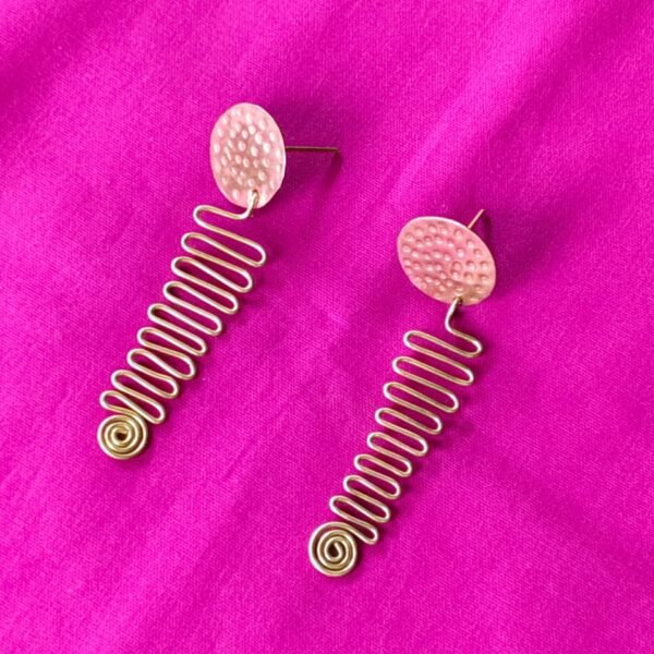 Hammered Disc & Zigzag Spiral Brass Earrings