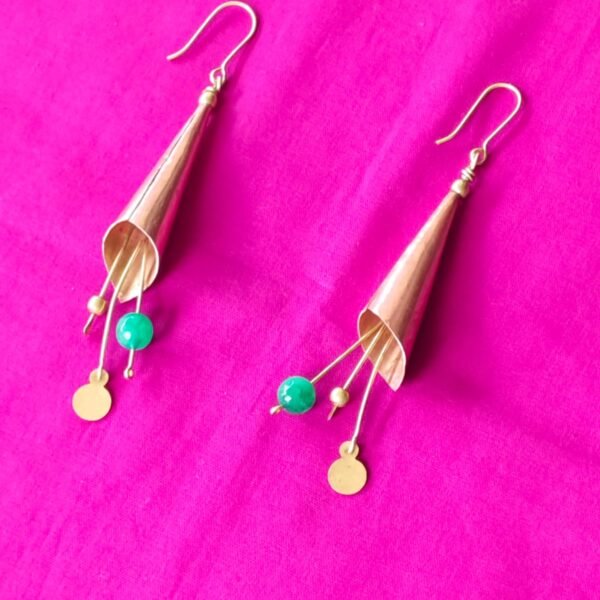 Lotus-Bud Copper Earrings – Cone Drops with Green Accents