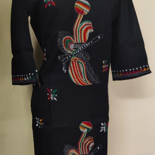 Hand-Embroidered Kantha Stitch Long Kurti – Black Folk Dancer