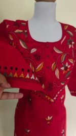 Hand-Embroidered Kantha Stitch Kurti – Red Floral Yoke - Image 5
