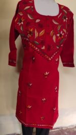 Hand-Embroidered Kantha Stitch Kurti – Red Floral Yoke - Image 2