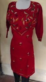 Hand-Embroidered Kantha Stitch Kurti – Red Floral Yoke - Image 3