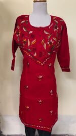 Hand-Embroidered Kantha Stitch Kurti – Red Floral Yoke