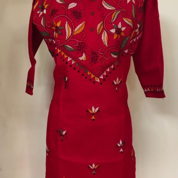 Hand-Embroidered Kantha Stitch Kurti – Red Floral Yoke