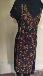 Cotton Kantha Stitch Long Kurti Material (Multicolor on Black) - Image 4