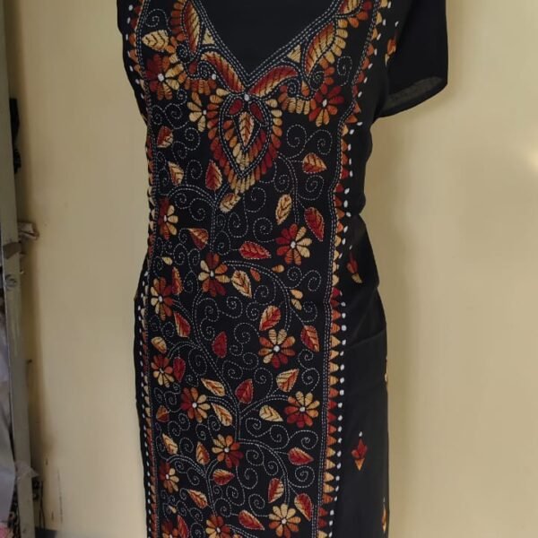 Cotton Kantha Stitch Long Kurti Material (Multicolor on Black)