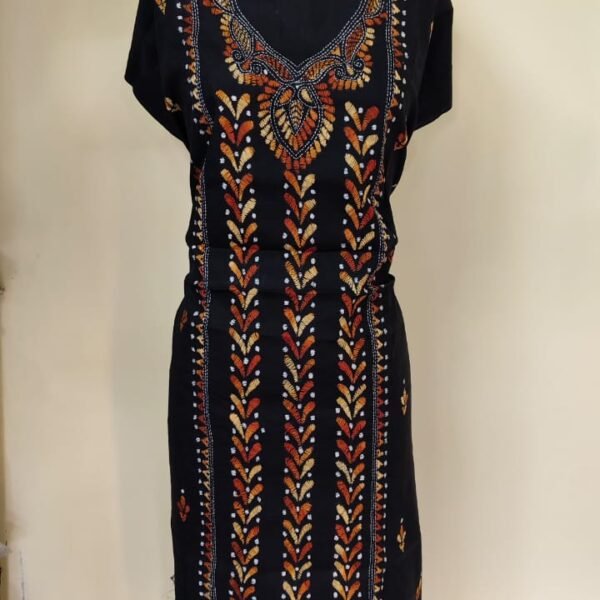 Cotton Kantha Stitch Long Kurti Material – Vertical Vine (Black)