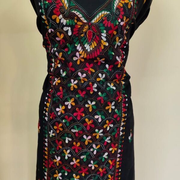 Cotton Kantha Stitch Long Kurti Material – Multicolor Floral (Black)