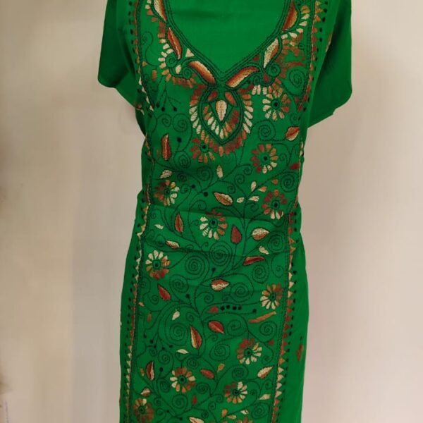 Cotton Kantha Stitch Long Kurti Material – Meadow Green Floral