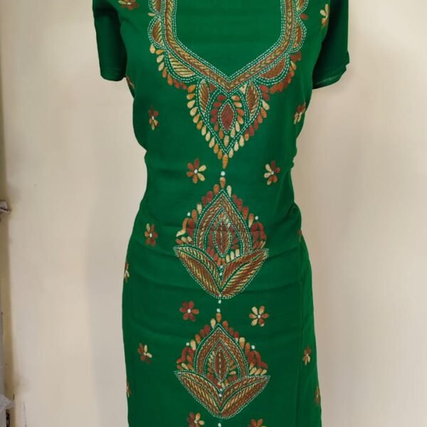 Cotton Kantha Stitch Long Kurti Material – Emerald Paisley (Green)