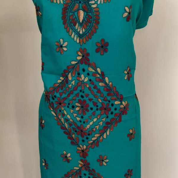 Sea green Cotton Kantha Kurti Material – Teal Diamond Motifs