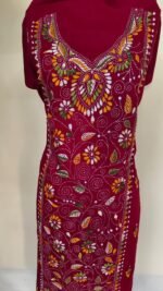 Cotton Kantha Stitch Long Kurti Material – Wine Red Floral - Image 2