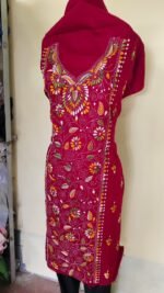 Cotton Kantha Stitch Long Kurti Material – Wine Red Floral - Image 6